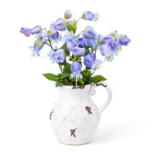 25 Pcs Artificial Lantern Flower with Vintage Ceramic Vase - Hyper Realistic Silk Flowers and Leaves for Home Indoor Outdoor Decor（Blue） - color: Blue
