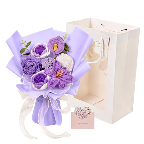 Knitted Flower Bouquet, Crochet Tulip Rose Calla Lily Flowers Bouquet for Mother's Day, Anniversary, Birthday, Home Décor, Gifts for Mom, Grandmother, Teachers, Friends, Purple - color: Purple