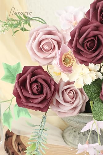 Floroom Artificial Flowers 25pcs Real Looking Cinnamon Rose & Shabby Pink Foam Fake Roses with Stems for DIY Wedding Bouquets Bridal Shower Centerpieces Floral Arrangements Party Tables Decorations - color: Cinnamon Rose & Shabby Blush, size: 25Pcs