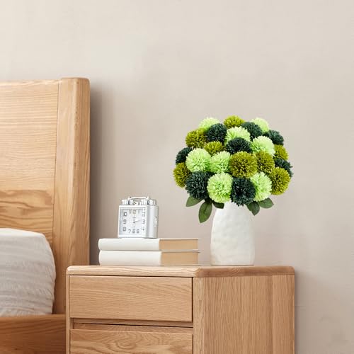 SITUMEIZI 12 Pcs Green Artificial Chrysanthemums Flowers Ball Flower Fake Mums Silk for St Patricks Day Wedding Home Kitchen Decoration Floral Arrangement Table Centerpiece(Light,Deep) - color: Green3, size: 12 Pieces