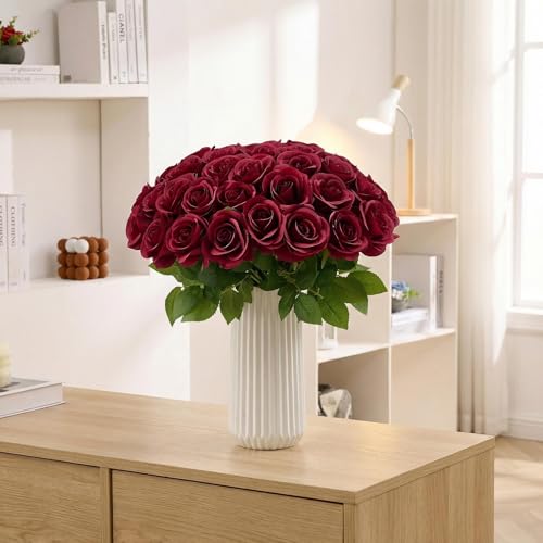 55 Pcs Burgundy Roses Artificial Flowers Bulk, Artificial Roses Fake Flowers with Adjustable Stems, Soft Foam Roses for DIY Wedding Bouquets, Bridal Shower Centerpieces, Home Party Decor - color: Burgundy