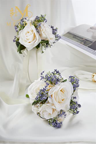 6.5 Inch Ivory Bridesmaid Bouquet, Set of 6, Purple Wedding Bouquets for Bridesmaids, Small White Bridesmaids Bouquets - color: 6pcs White&purple Bouquets