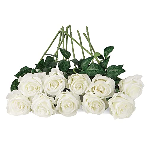 10pcs White Silk Roses Artificial Rose Flowers Long Stem for DIY Wedding Bouquet Table Centerpiece Home Décor - color: X-white