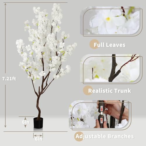 Faux White Cherry Blossom Tree 7ft(84in) Artificial Silk White Flower Tree Lifelike Large Fake Floral Tree for Wedding Realistic Elegant Cherry Sakura Plant in Pot for Home,Living Room,Office Decor - color: Cherry Blossom(white 6), size: 7ft