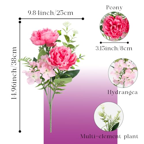 6 Bundles Peonies Artificial Flowers for Outdoors UV Resistant Faux Peony with Hydrangea Fake Flowers Silk Flowers for Outside Front Porch Garden Window Box Planters Decor (Pink) - color: Pink