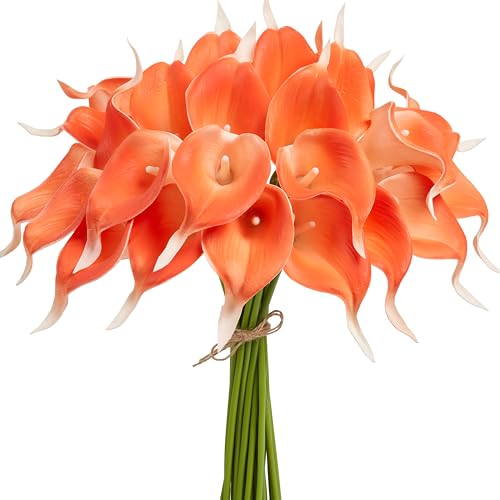 Artificial Calla Lily 12Pcs Coral Real Touch Faux Flowers for Wedding Bouquet, Bride Bridal Shower, Spring Home Kitchen Table Decor, Fake Lilies for Centerpieces, Party Decorations - color: Coral