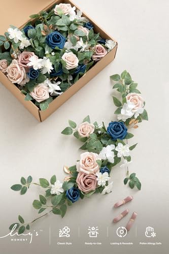 Ling's moment 6Pack 1.8ft Navy Blue Artificial Flowers Garland Dusty Rose Lantern Flower Arch Floral Centerpieces Wedding Aisle Chair Flowers for Signs Table Cake Decoration（not Including Lanterns） - color: Pk-dusty Rose & Navy