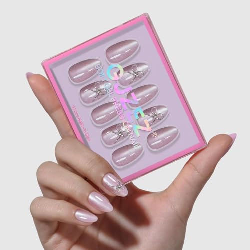 32Pcs Soft Gel Press on Nails for Women, Pink Cat Eye, Short Almond | Metal Chrome Bow Art False Fake Nails Press Ons for Office Daily Wear, Salon Quality Reusable Glue & Stick on Nail Gift Kit - color: 3H-Rose Sparkle