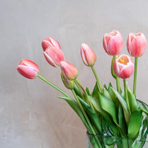 Artificial Tulips Flowers,Soft Touch Latex Bouquet, Fake Tulips,Spring Wedding Home Room Table Centerpiece Decor - color: 15pcs Coral Pink (No Vase)