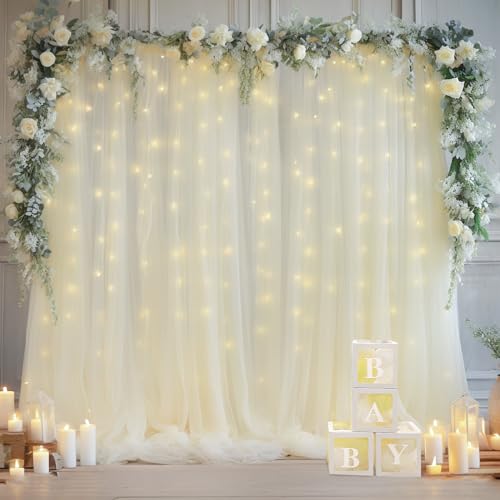 10ft x 10ft Ivory Backdrop Curtain with Lights String for Parties, Sheer Tulle Wedding Photo Backdrops Drapes for Baby Shower Birthday Party Decorations Background for Photography - color: Ivory, size: W5' x H10'(2 panels)