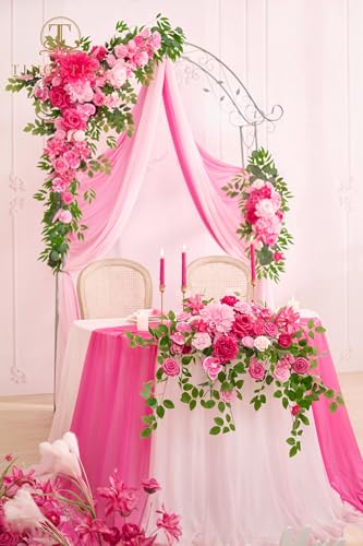 TINGE TIME Wedding Arch Flowers Kit - Deluxe 5pcs Artificial Floral Swag with 3 Sheer Drapes, Realistic Silk Flower Arrangements for Wedding Ceremony Arbor Backdrop Reception Party Home Decor - color: Hot Pink