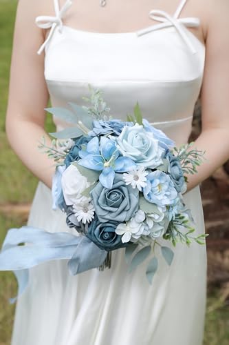 Blue Artificial Flowers Silk Fake Roses Peonies Greenery Combo Box Set for DIY Wedding Bouquets Bridal Shower Centerpieces Floral Arrangements Party Tables Home Decoration - color: Gradient Blue