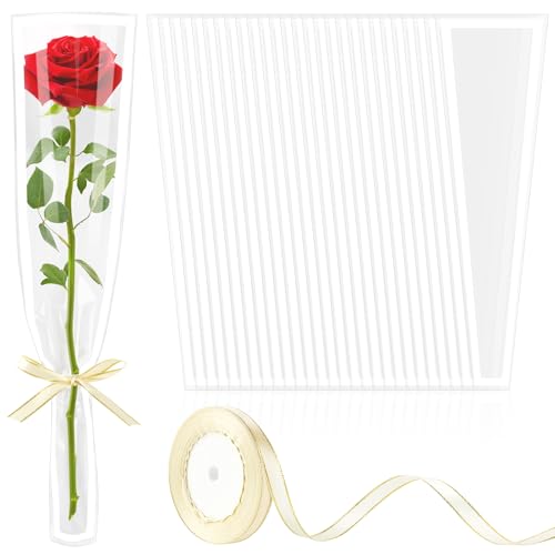 Mauproy 100Pcs Single Rose Sleeves with White Edges, Single Flower Bags with Ribbons Plastic Flower Wrap for Graduation, Flower Bars, Florist Supplies - color: White Edges
