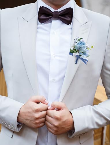 Marriwise 6pcs Light Blue Boutonniere for Men, Artificial Silk Rose Flowers Wedding Groom Groomsmen Boutonniere for Wedding/Anniversary/Prom/Rustic Wedding/Homecoming (Light Blue) - color: Light Blue