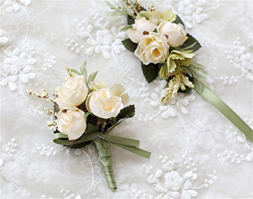 Rose Wedding Wrist Corsage and Boutonniere Set Party Prom Hand Ribbon Flower Suit Decor (Beige) - color: Beige