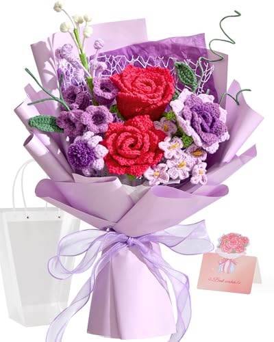 Alecono Crochet Flower Bouquet, Purple and Hot Pink Knitted Flowers, Crochet Roses Flower for Valentine Day Lover Anniversary Birthday Mother's Day Graduation Gifts (with Card) - color: Purple, Hot Pink, size: Large