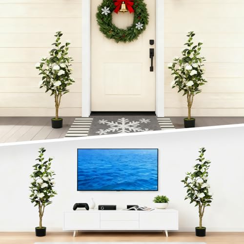 2-Pack 4FT Artificial Camellia Tree,Realistic Fake Potted Plants with Flowers&Planters,Indoor/Outdoor Faux Flowering Trees for Home,Office,Porch,Wedding,and Housewarming Gift Decor,White - color: White