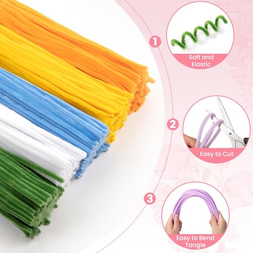 Siolviento Pipe Cleaners Craft, 500 PCS Pipe Cleaner Flower Kit with 5 Colors Chenille Stems, Floral Wires, Ribbon, Gardening Tape & Stamen for DIY Bouquets, Arts and Crafts Supplies (Multicolor-B) - color: Multicolor-B
