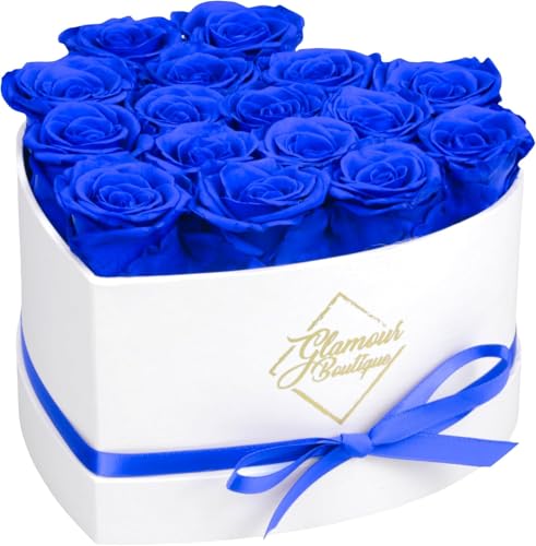 GLAMOUR BOUTIQUE Preserved Roses in a Box - Gifts for Her, Wife & Mom, Rose Flowers Forever Decor for Birthday Gift, Get Well Flower Bouquet Cased in White Box with Cover, Blue, 16 (Color-Treated) - color: Blue, size: 16 Roses Heart Box