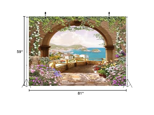 BELECO 7x5ft Fabric Mediterranean Garden Terrace Backdrop Romantic Arch Gate with Green Leaves Vine Blooming Flowers Italian Coast Background Birthday Wedding Party Shoot Studio Photo Props - size: 7x5FT