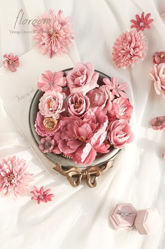 Floroom Mini Artificial Flower Heads Dusty Rose Fake Peony Daisy Rose Multicolor Small Faux Silk Flower Heads for Cake Craft Garland Wedding Party Graduation Cap DIY Home Decoration, 0.8"-3.6" - color: Antique Dusty Rose