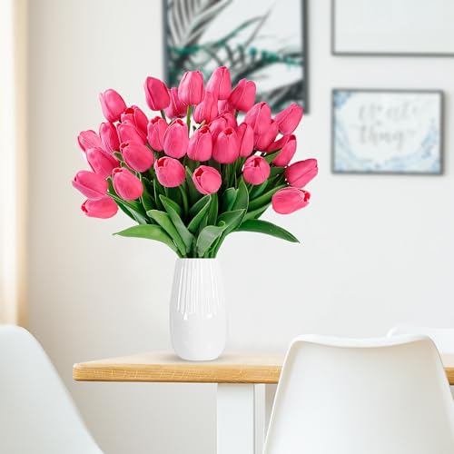 Sggvecsy 30 Pcs Fake Tulips Artificial Flowers Real Touch PU Faux Flowers Tulip Stems for Wedding Spring Bouquet Floral Arrangement Home Party Office Decorations for Mother's Day (Dark Pink) - color: Dark Pink, size: 30 Pcs