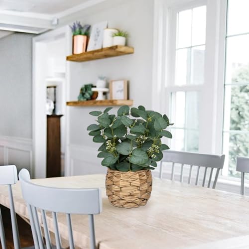 DILATATA Artificial Eucalyptus Stems in Woven Basket Planter, 11" Fake Plant Eucalyptus Leaves with White Seeds Faux Potted Plant Greenery for Table Centerpiece Office Indoor Home Decor - color: Style#1