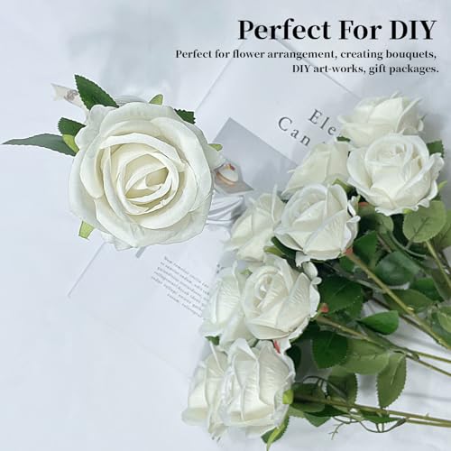 10 PCS Artificial Roses with Long Stems Silk Flowers Realistic Foam Flowers Fake Roses for Valentine's Day Home Wedding Halloween Decor(White) - color: White