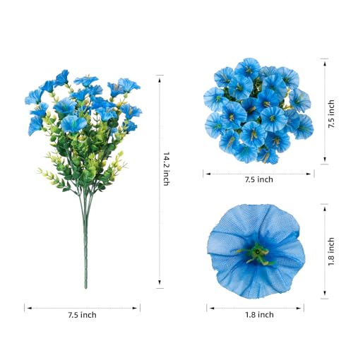 HyeFlora Artificial Fake Outdoor Flowers Plants for Spring Summer Decor, 12 Bundles Outside Silk Blue Morning Glory UV Resistant Look Real Faux Flowers for Front Door Patio Porch Yard Window Balcony - color: Blue