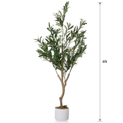 Faux Olive Tree 4FT, Olive Plant Trees Artificial Indoor with Wood Trunk and Realistic Leaves and Fruits, 48in Fake Floor Plants Olive Tree for Home House Office Décor