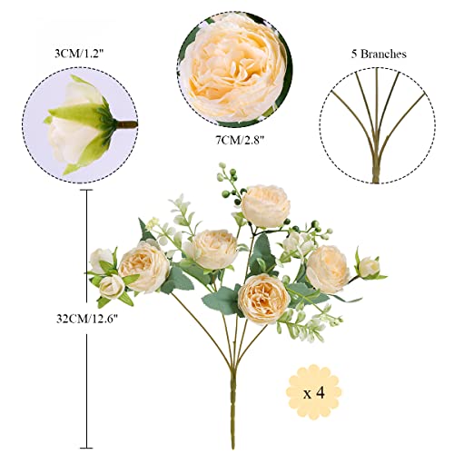 Floweroyal 4 Bunches Peony Artificial Flowers Champagne Flowers Silk Peonies Bouquets for Wedding Party Table Centerpieces Floral Arrangement Home Kitchen Decor. - color: Champagne-4pcs