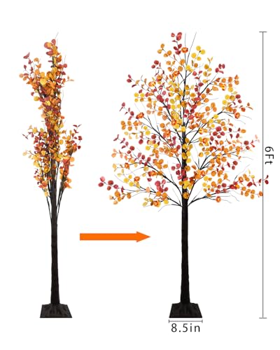 Uieke 6FT 96LED Lighted Thanksgiving Eucalyptus Tree Artificial Tree with 24PCS Pumpkin Lights 8 Modes Thanksgiving Fall Decorations for Home Autumn Decor Indoor Outdoor - style: 6FT Fall Tree(1Pack)