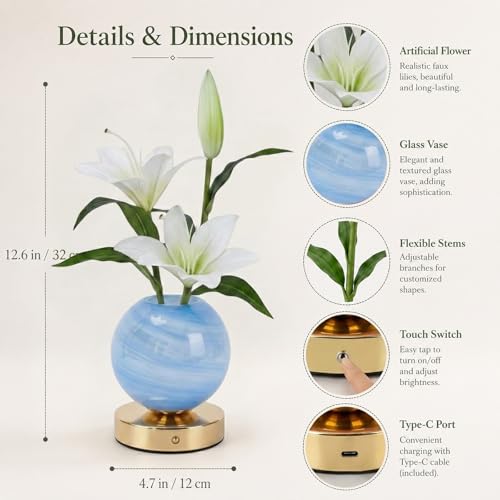 Lily Table Lamp, 3 Color Planet Night Light, Rechargeable Cordless Touch Dimming Artificial Flower Light, LED Flower Bedside Lamp Romantic Gifts for Girl Women Mom (White Lily) - color: White Lily