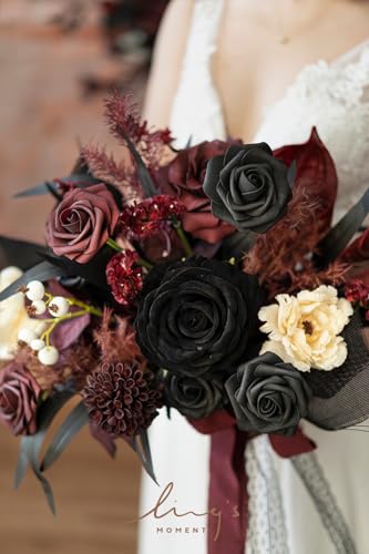 Ling's moment Black and Burgundy Wedding Bouquets for Bride, Gothic Bridal Bouquets for Bride, 13 Inch Free Form Artificial Wedding Flower Bouquet - color: Blk-moody Burgundy & Black, size: Small 13 Inch