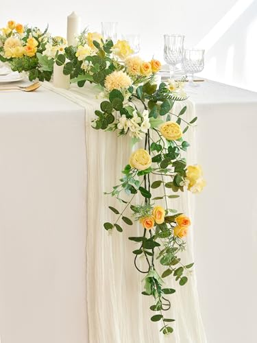 MISSPIN 5.9Ft Eucalyptus Garland with Flowers, Artificial Fake Flower Greenery Spring Garland for Baby Shower Wedding Mantle Table Centerpiece Spring Decor - color: Yellow