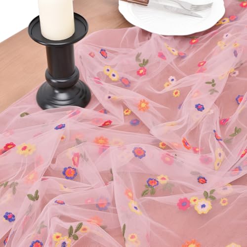 Joanlody 3pcs Blushing Pink Embroidery Daisy Table Runner Valentine’s Day Florals Seasonal Easter Tulle Table Runner Holiday Kitchen Dining Table Decoration for Home Party Indoor - color: Blushing Pink, size: 10ft x 3pack