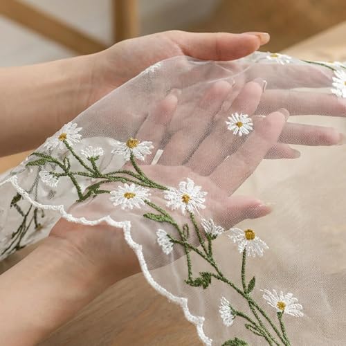 Artoid Mode Daisy Floral Milky White Shaped Gauze Embroidery Table Runner 120 Inch 10FT, Tulle Spring Summer Kitchen Dining Table Decor for Home Party - color: Milky White