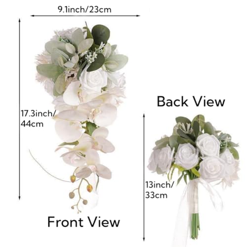 9.1 Inch Cascading Bridal Bouquet Waterfall Cascade Bridal Wedding Bouquet for Bride with Artificial White Rose Phalaenopsis Flower Greenery Rustic - color: White Rose & Moth Orchid