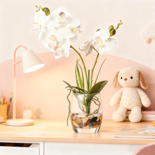 Jusdreen White Orchid Centerpiece in Glass Vase, 14.5 Inch Artificial Phalaenopsis with Potting for Home Office Decor, Table Centerpiece - color: Glass-white