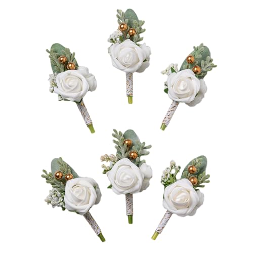 White Rose Boutonniere for Men, Faux Foam Flower for Wedding 6Pcs | Fake Foam Rose Boutonnieres for Wedding Prom Groom and Groomsman Ceremony Anniversary Party Homecoming - color: 6pcs White Boutonniere