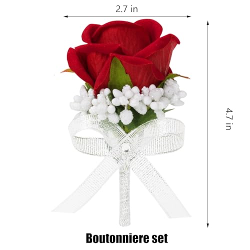 Red Rose Boutonniere for Men, Set of 2, Groom and Best Man Artificial Flowers Boutonnieres, for Wedding Ceremony Formal Dinner Prom Party - color: 2 Boutonnieres Red