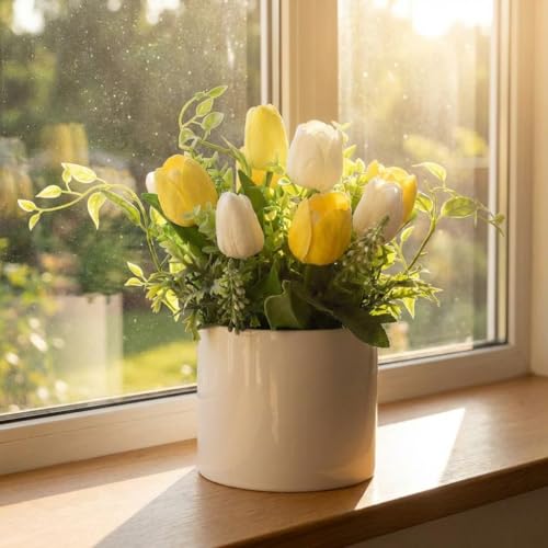 10 Real Touch Lilies, Lifelike Artificial Flowers for Wedding Decor, Home Garden Accents, and Elegant Easter Centerpieces - color: Yellow White, size: porcelain