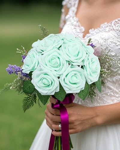 DuHouse 50Pcs Artificial Roses Flowers Fake Roses with Stems Real Touch Foam Flowers for DIY Wedding Bouquet Party Centerpiece Floral Arrangement Party Home Decor(Mint Green) - color: Mint Green, size: 50pcs