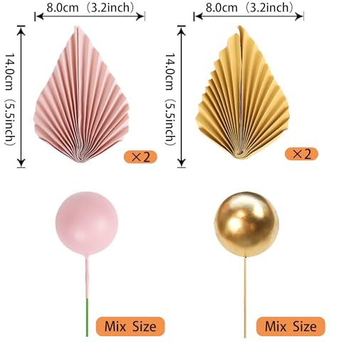 28 Pack Pink Gold Balls Cake Toppers, Palm Leaves Cake Decorations, DIY Foam Balls Paper Palm Leaf Cake Insert Toppers Decorations for Birthday Wedding Baby Shower Party Decorations - color: Pink Gold