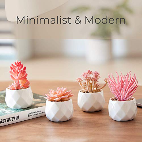 Nordik Set of 4 Desk Plants - Office Decor for Women Desk, Indoor, Living Room, Bedroom, Home and Desk Decor – Pink Faux Succulents in white Geometric Ceramic Planters - color: Ceramic White