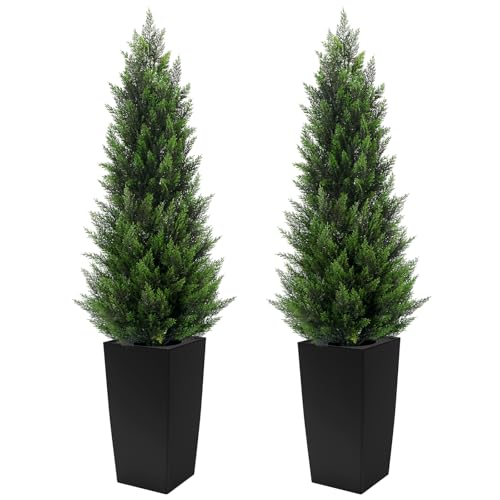 5FT Tall 2 Pack Artificial Cedar Topiary Trees with Compact Pyramidal Shape, Realistic Faux Cypress in Square Black Pot with Fillable Water Bag, Outdoor Evergreen for Front Porch Garden Home Decor - color: Black-pyramid Topiary, size: 5ft-2pack