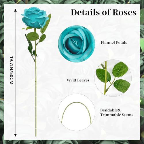 10 PCS Artificial Roses with Long Stems Silk Flowers Realistic Foam Flowers Fake Roses for Valentine's Day Autumn Fall Decor Halloween (Peacock Blue) - color: Peacock Blue