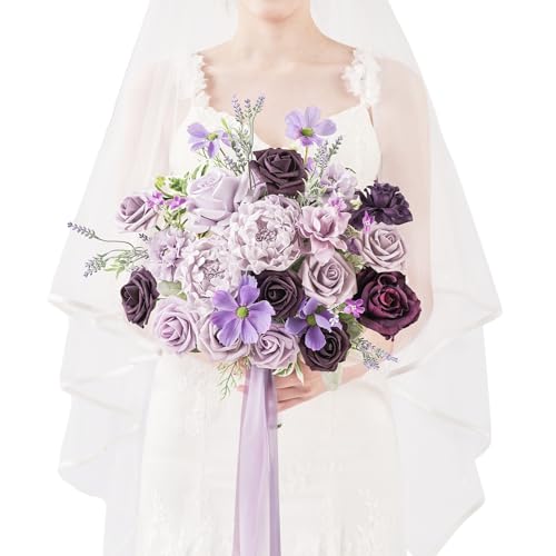 TINGE TIME 11 Inch Wedding Bouquets for Bride, Lavender&Plum Artificial Flowers Bouquet, Brides & Bridesmaids Bouquet for Wedding Anniversary Ceremony Bridal Shower Decorations - color: Lavender & Plum
