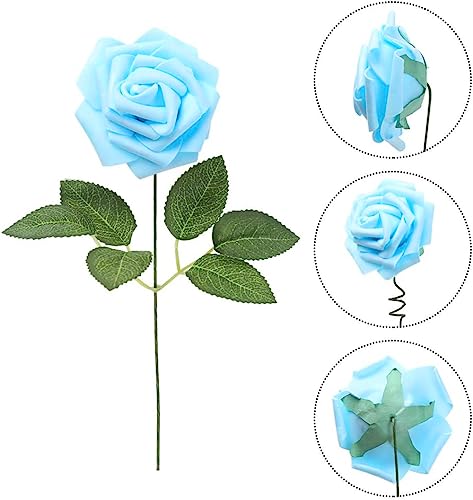 IPOPU 30pcs Baby Blue Roses Foam Flowers Artificial Roses with Stems, Fake Roses with Fake Flowers for DIY Wedding Bouquets Baby Shower Centerpieces Floral Party Home Décor (Light Blue) - color: Light Blue