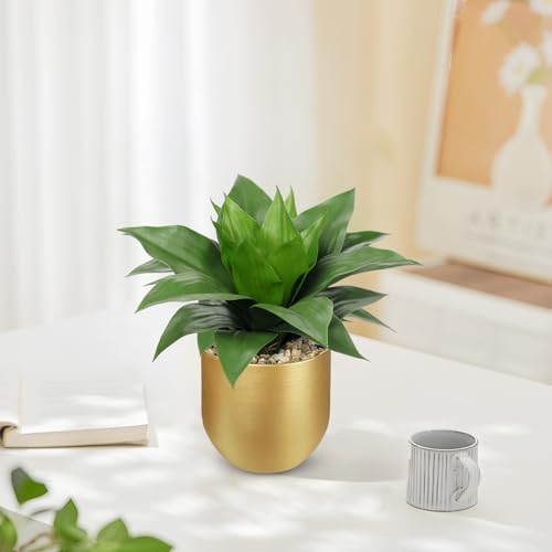 Briful Agave Artificial Wide Leaf Plant in Gold Pot – 10.2” Tall Faux Greenery with Lush Plastic Leaves & Pebble Base, Fake Plant Decor for Indoor Tabletop, Office Desk, Bathroom Shelf - color: Green and Gray Agave Gold Vase